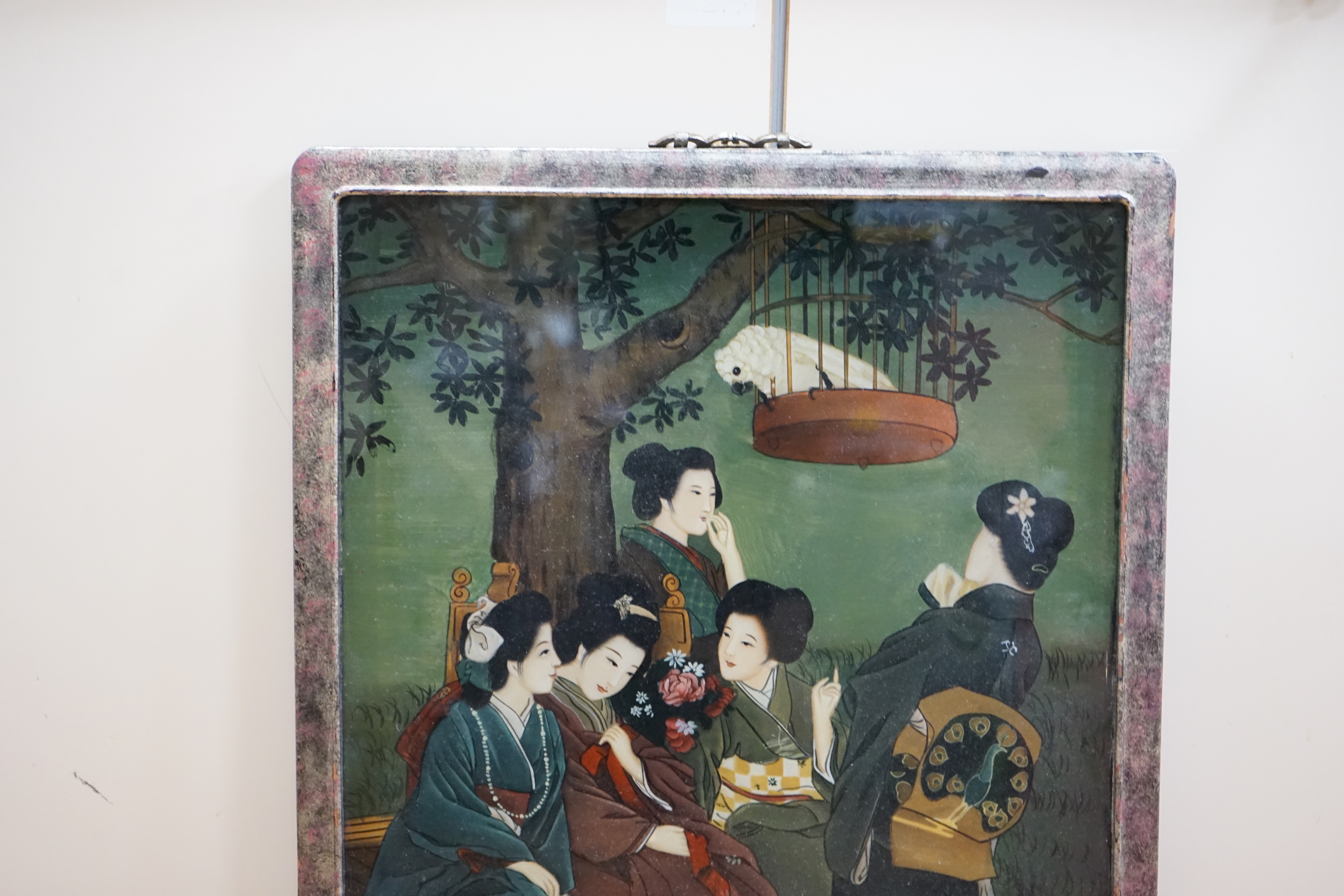 A Chinese reverse glass painted panel, ladies wearing kimonos, 64 x 44cm